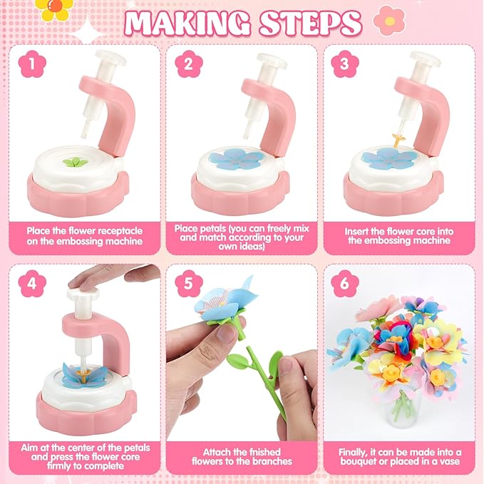 Hunfur DIY Fabric Flower Bouquet Craft Kit for Girls Ages 3-5 4-8,Build Your Own Flower Making Kit Toy,Arts and Crafts for Kids 3 4 5 6 7 8 Year Old Birthday Gift, Preschool Educational Activity