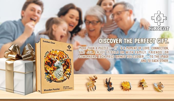 Wooden Jigsaw Puzzle, 200-500 Pieces Unique Shape Animal Puzzle, for Adults & Kids, Birthday Gift Family Game, Decorative Puzzle, Unique Gift (Golden Deer, 300 PCS)