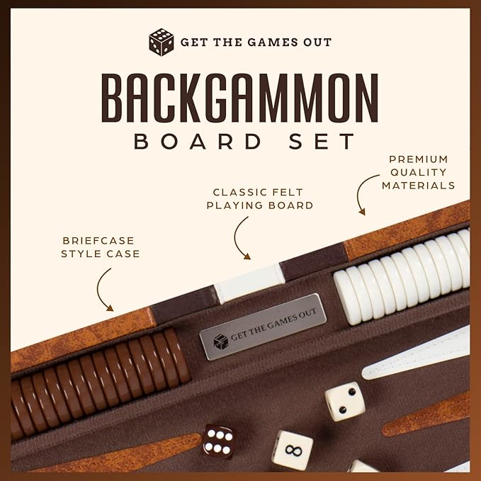 Get The Games Out Backgammon Set for Travel - Small Classic Board Game Case with Strategy Guide & 15 Game Pieces (Brown)