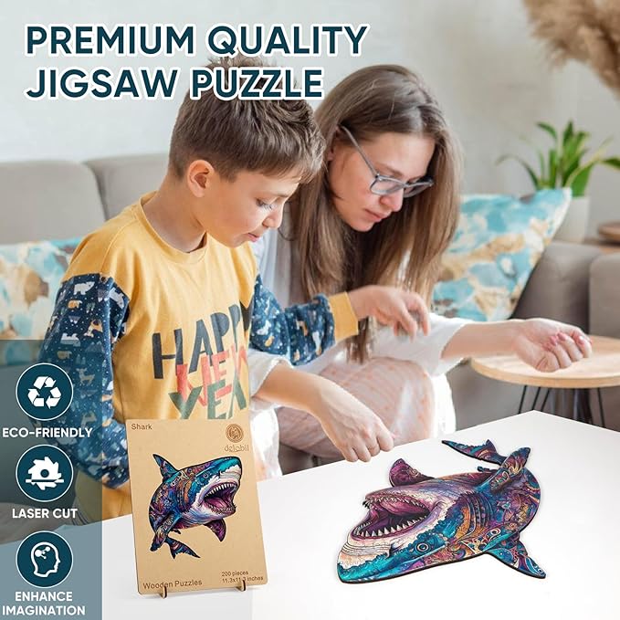 delobil Wooden Puzzles for Adults, Shark Jigsaw Puzzles 300 Pieces, Unique Shape Puzzles with Wooden Box, Family Game Gift, Fun Challenging Puzzles for Adults and Kids 13.4 x 13.5 Inch