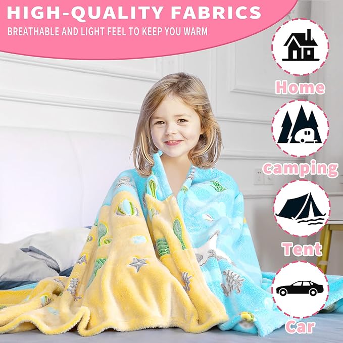 Wesan Glow in The Dark Blanket Ocean Fish Theme Gifts Kids Boys Teen Present Throw Adults Teenage Boys Room Decor Bedroom Camping Soft Cozy Plush Blanket Black 50"x60"