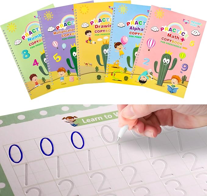 Full Set Handwriting Practice Kit, Reusable Copybooks for Kids, Children's Writing Practice Books, Grooved Handwriting Workbooks with Pencil Grips, Writing Aid for Preschool Kindergarten