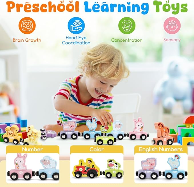TenFans Montessori Toys, Magnetic Wooden Animal Train Set for Toddlers, 11 Pieces, Educational Preschool Learning Toys, Birthday Gifts for Boys & Girls