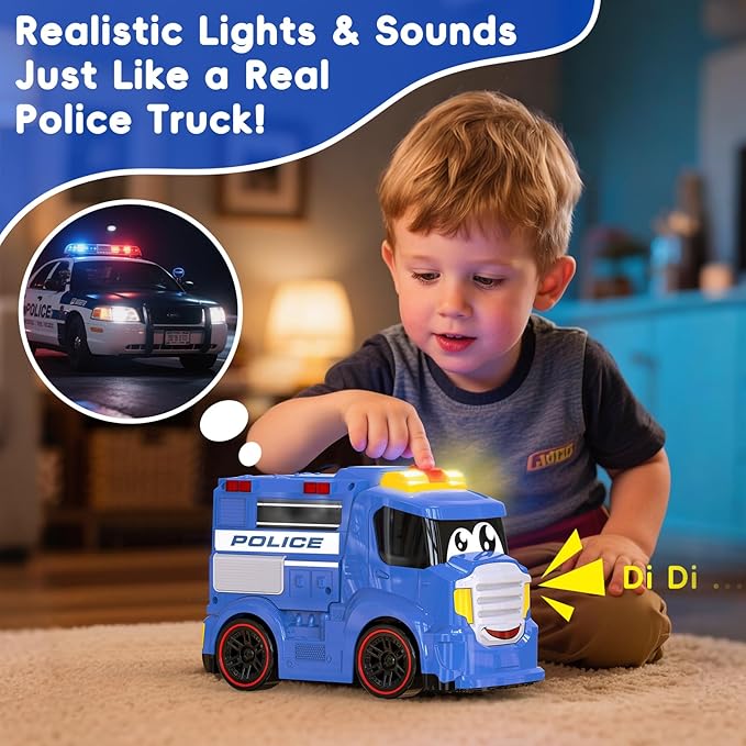 Remote Control Police Car Truck Toy Cars for Toddlers 1-3 with Sirens & Flashing Lights Cartoon RC Emergency Vehicle for Kids 3-5 Boys & Girls