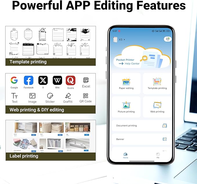 ORGBRO Sticker Printer, X3 Mini Bluetooth Printer Supports 2-3 Inch Printing Width, Thermal Sticker Maker Machine for Photos, Study Notes, Compatible with iOS & Android, Easy to Use, Olive Green