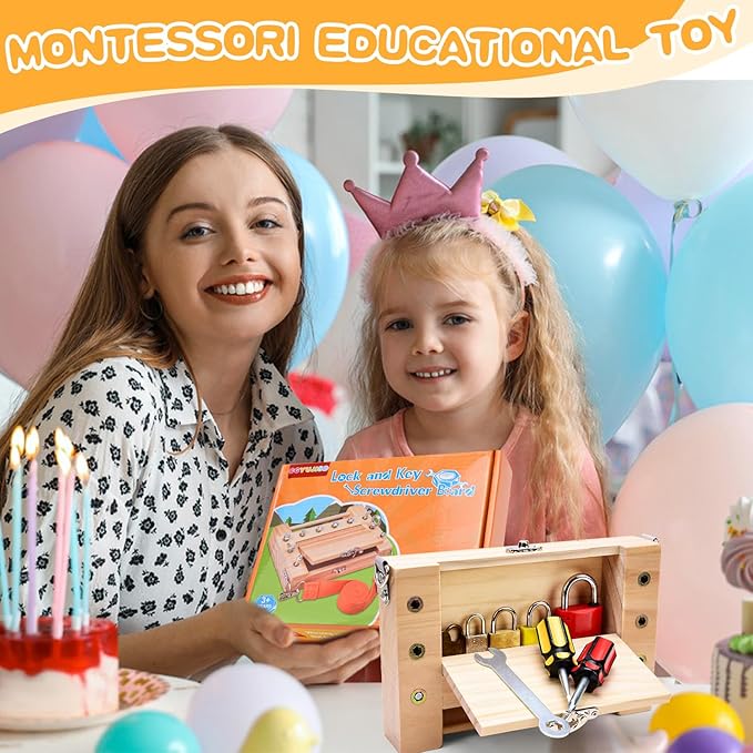 Screwdriver Board-Montessori Toy Lock and Key Toy Set for Kids, Storage Wooden Tools Preschool Sensory Toys for 3 +Year Old