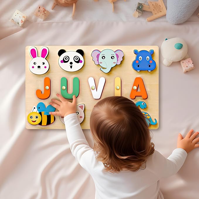 Name Puzzle for Kids Personalized - Custom Name Puzzles for Toddlers 1-3, Customized Wooden Animal Puzzle, Baby Gifts, Baby Shower, Christmas, Newbaby Gift, Gifts for 0 1 2 3 Years Old (style-01)