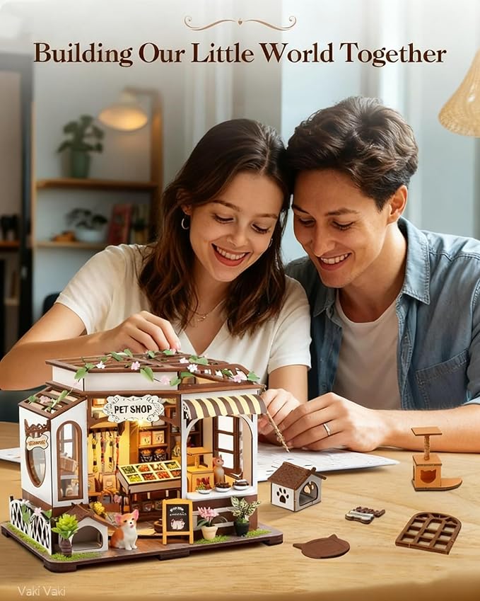 [2025 New] Pet Shop Miniature House Kit with LED Light, Book Nook Kit with Cover for Birthday, 3D Wooden Bookends Puzzle Bookshelf Decor Building Kit Birthday Gifts for Family, Friends