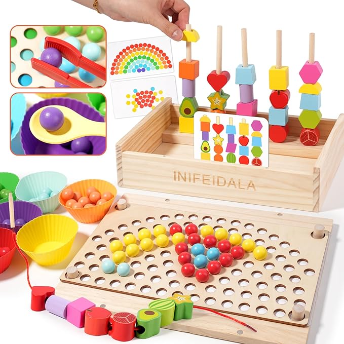 Toddler Learning Montessori Toys for 3 4 5 6 Year Old,Rainbow Stacking & Lacing Beads & Matching Shape Stacker - Wooden Peg Board Beads Sequencing Toy Set - Fine Motor Skills Toys
