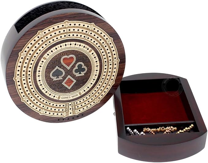 House of Cribbage - Round Shape 3 Track Non-Continuous Cribbage Board - Push Drawer Storage for Pegs and 1 Deck of Cards with Score Marking Fields for Won Games (Rosewood/Maple Wood)