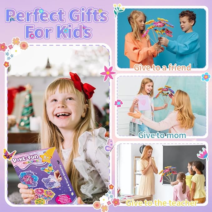 RAJRNED Poke-in Fun Flower Bouquet, Arts and Crafts for Girls with 8 Flowers & 2 Butterflies, DIY Craft Kits, Creative Activity, Gifts for Girls & Boys Ages 4-12