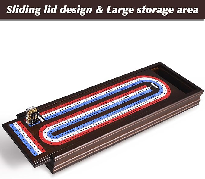 VAMSLOVE 16'' Cribbage Board Game Set Wooden 3-Track Scoreboard with Large Slots for Storing 2 Playing Cards and 9 Metal Pegs, Travel Family Game Night (Instruction Included)