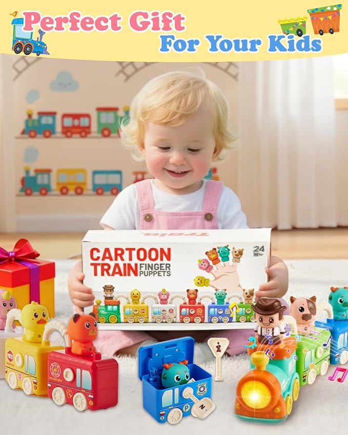 Montessori Toys Train Set for Toddlers 2-4 Year Old,Matching & Sorting Learning Train Set with Music & Light Including 6 Finger Puppets,Keys,Christmas Birthday Gifts for Baby Girls Boys 2+