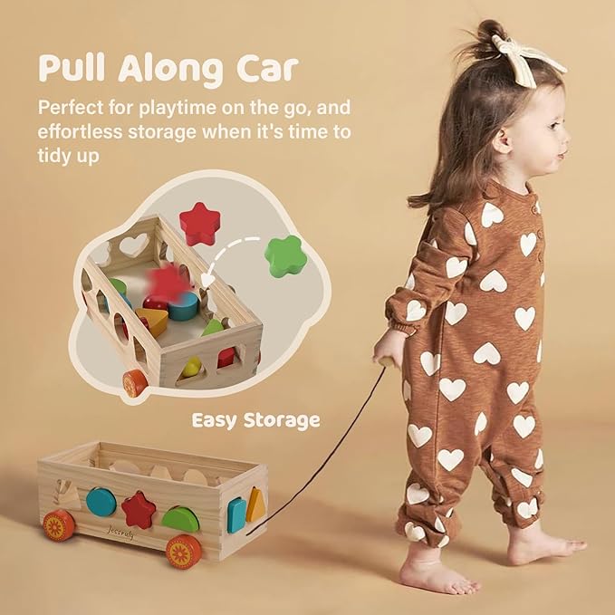 Shape Sorter - Wooden Pound A Ball and Montessori Number Puzzle Set for Babies - Educational Sorting Game with Storage Car for Toddlers