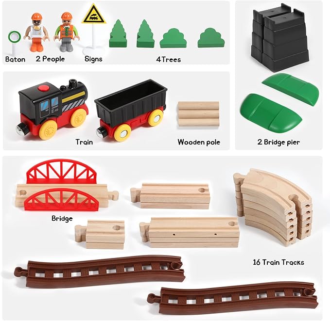 Asweets Wooden Train Set for Toddler,40 Piece with Train Track Electric Operated Fits Thomas,Brio,Melissa and Doug Magnet Battery Train Toy for 3 4 5 Years Old Boys