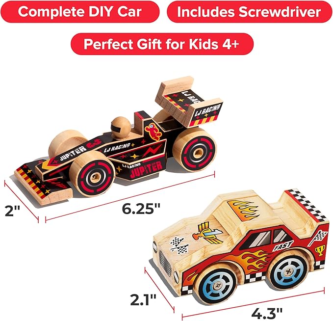 Little Jupiter DIY Wooden Kits w/Stickers - Stem Building Toys - Wood Crafts - Woodworking Kits - Wood Building Kits for Ages 4-7 Yrs (Open & Closed Wheel Race Cars)