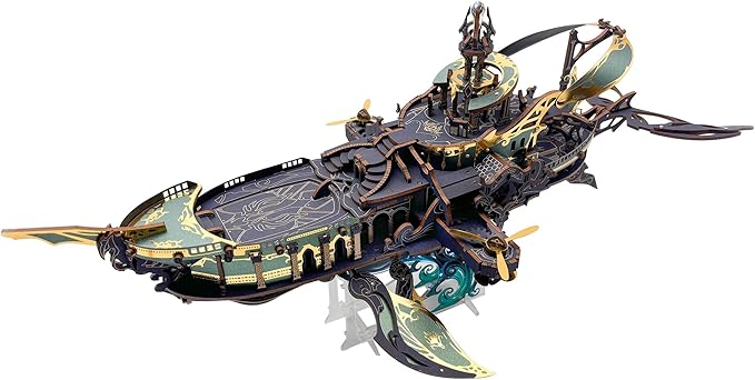 DIY 3D Wooden Puzzle Whale Spaceship,Miniature Wooden Dollhouse Model for Adults to Build,Gifts for Family Friends - Whale Ark of The Universe (Starlight Blue)