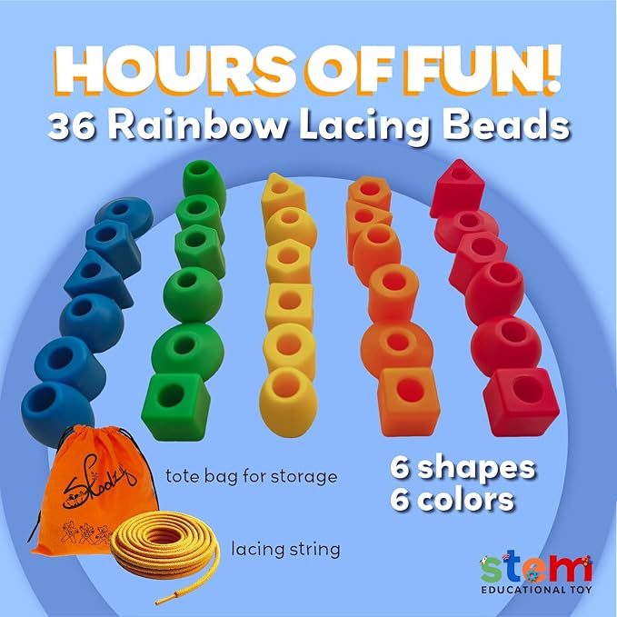 Skoolzy Lacing Beads 30 Pcs for Montessori Toys for 3 Year Old and Toddler Crafts Ages 2-4 with Beads for Kids Learning and Travel Activities Fine Motor Skills Toys