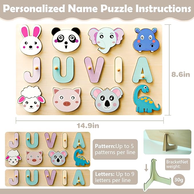 Personalized Name Puzzle for Toddlers - Custom Wooden Jigsaw Puzzles with Animals, Montessori Learning Toys, Baby Birthday Gift for 1, 2, 3 Year Old Boy or Girl (Name Puzzle-02)