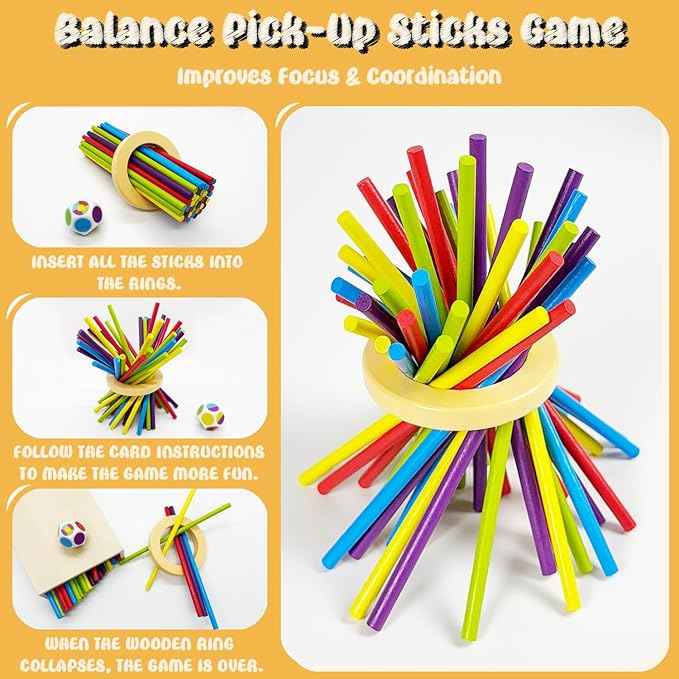 4-in-1 Board Game for Kids, Wooden Sorting & Stacking|Pick-up Sticks|Counting|Ball Drop Tower, Family Games for Kid and Adult, Montessori STEM Learning Toy for 3 4 5 6 7 8 Year Old Boy Girl