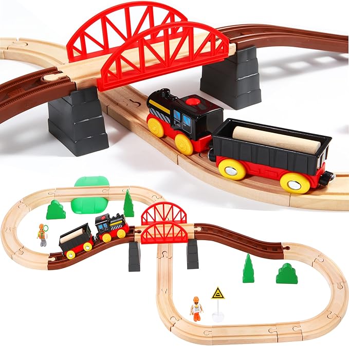 Asweets Wooden Train Set for Toddler,40 Piece with Train Track Electric Operated Fits Thomas,Brio,Melissa and Doug Magnet Battery Train Toy for 3 4 5 Years Old Boys