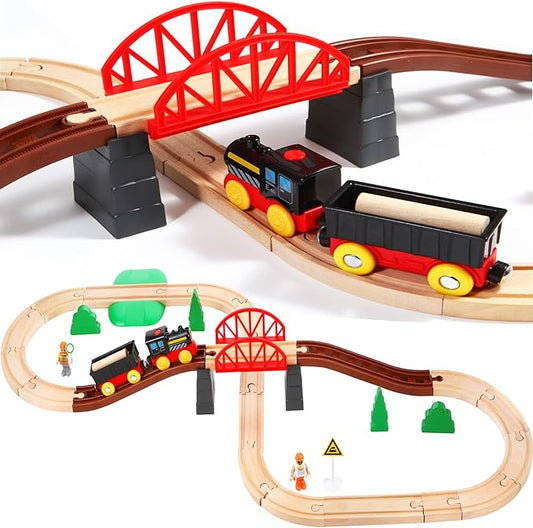 Asweets Wooden Train Set for Toddler,40 Piece with Train Track Electric Operated Fits Thomas,Brio,Melissa and Doug Magnet Battery Train Toy for 3 4 5 Years Old Boys