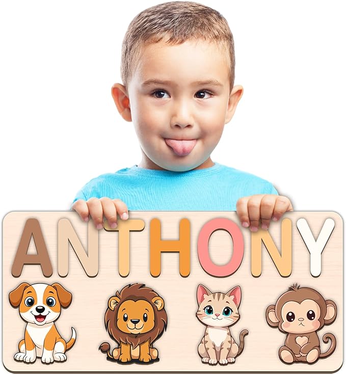 LOVELYPOD Personalized Name Puzzle for Kids, Custom Name Puzzles for Toddlers 1-3 Animal Puzzle, Customized 1st Birthday for Girls & Boys Wooden Toys for Kids, for New Baby - Style 9