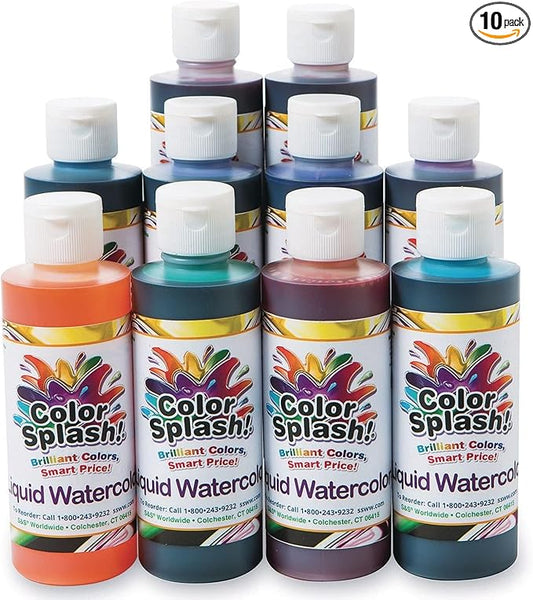 S&S Worldwide Color Splash! Liquid Watercolor Paint, 10 Vivid Colors, 8-oz Flip-Top Bottles, for All Watercolor Painting, Use to Tint Slime, Clay, Glue, Shaving Cream, Non-Toxic., Multicolor
