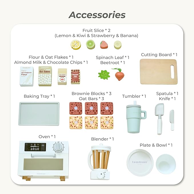 Teamson Kids Little Chef Santa Barbara Wooden Healthy Dessert Set - 27 Pieces Pretend Toy Food Accessories Plus Oven & Blender, Educational Role-Play for Kids Ages 3+, White