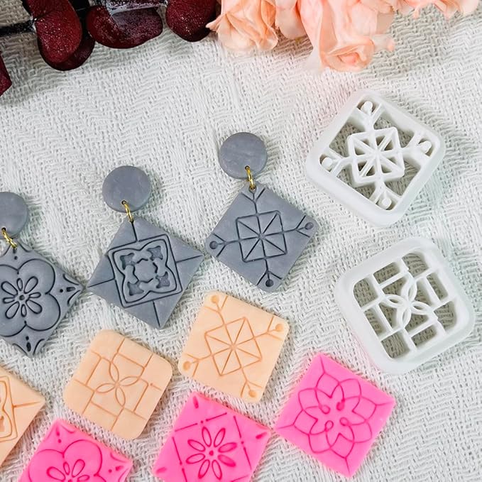 Xaekicr 8PCS Tile Pattern Polymer Clay Cutters Set – Mediterranean Geometric Clay Cutters and Textured Molds, Clay Tools for Polymer Clay Jewelry and Crafts