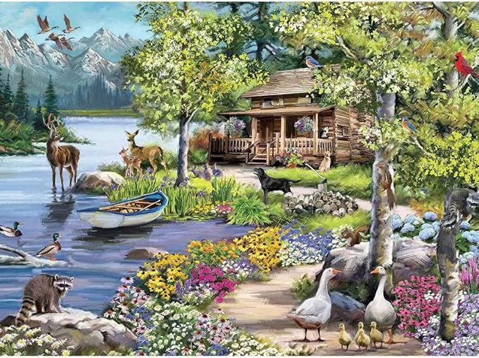 Bits and Pieces – 300 Piece Jigsaw Puzzle for Adults – Cabin by The Lake - Woodland Animal Spring Forest Jigsaw Puzzle by Artist The Macneil Studio, Completed Puzzle Size: 18" x 24"