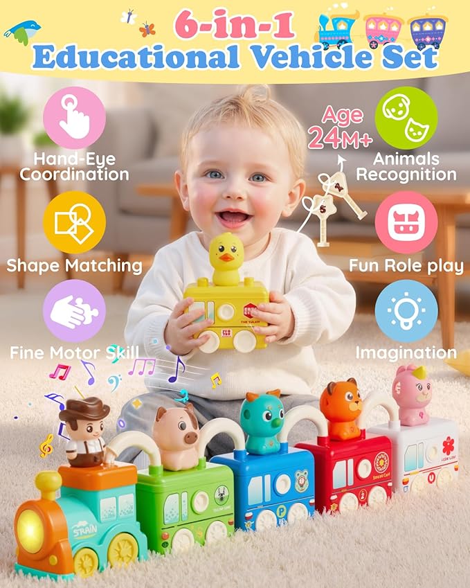 Montessori Toys Train Set for Toddlers 2-4 Year Old,Matching & Sorting Learning Train Set with Music & Light Including 6 Finger Puppets,Keys,Christmas Birthday Gifts for Baby Girls Boys 2+