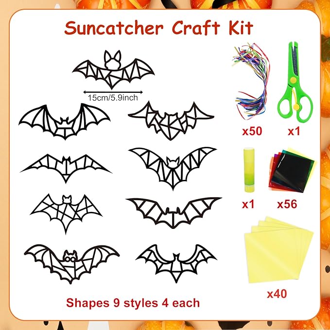 EggSun 36 Sets Hallween Bats Suncatchers Craft Kit for Kids Ornaments Stained Glass Effect Window Arts and Crafts Kit for Classroom Holiday Birthday Projects Home Party Favors Decorations Ages 4 8 12