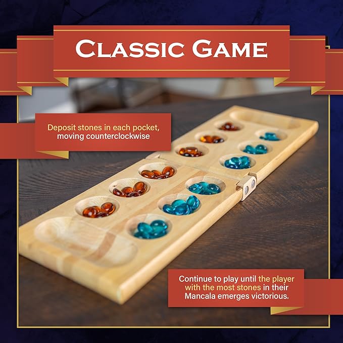 Family Traditions Mancala 2 Player Board Game, Fun Classic Table Game with Wooden Board and Deep Pockets for Mancala Gems, Popular Strategy Game for Adults & Kids, Ideal for Family Game Night, Travel