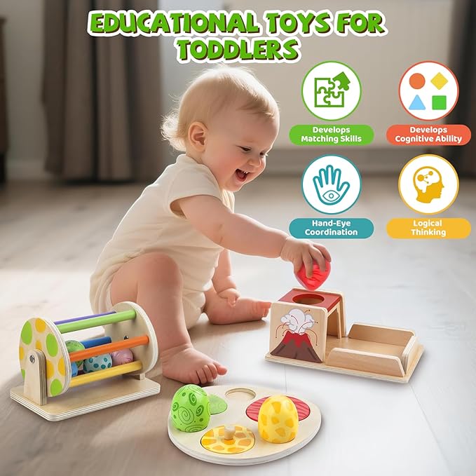Montessori Wooden Baby Toy Dinosaur Egg Toy Set for 6+ Months, Spinning Drum, Object Permanence Box Ball Drop Toy, Stacking Matching Shape Puzzle Game Early Learning Gift for Toddlers (Neutral Colors)