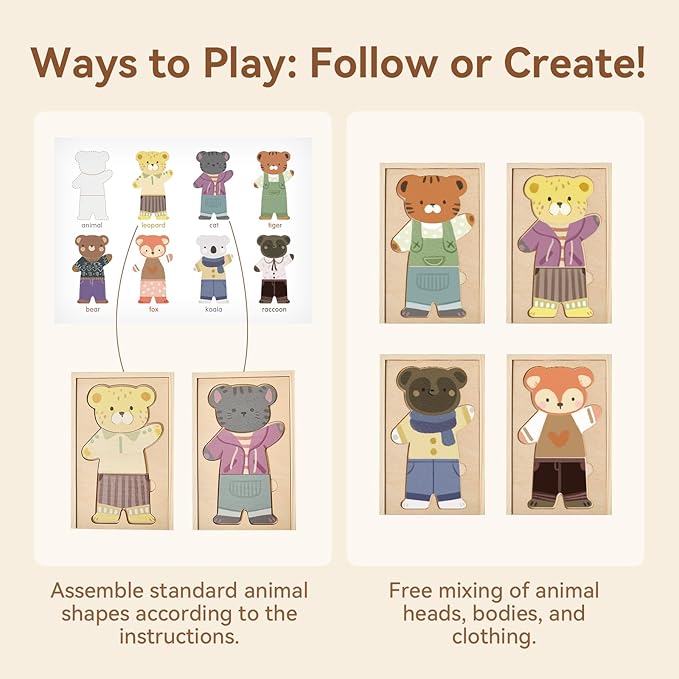 Wooden Puzzles for Toddlers Animal Dress-up Puzzle, Toddler Puzzles, Kids Learning Educational Montessori Toys for 3 4 5 Year Old, Gifts for Boys Girls (Single)