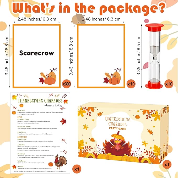 Yexiya Thanksgiving Charades Game for Family Party - 310 Cards with 1 Min Sand Timer & Blank Cards Turkey Day Family Game for Adults Groups