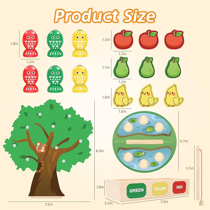 Montessori Toys for 3 4 5 Year Old, Wooden Fine Motor Skills Educational Color Sorting Toys, Apple Picking Magnetic Fishing Games for Kids 3-5, Birthday Gifts for Kids Boys Girls