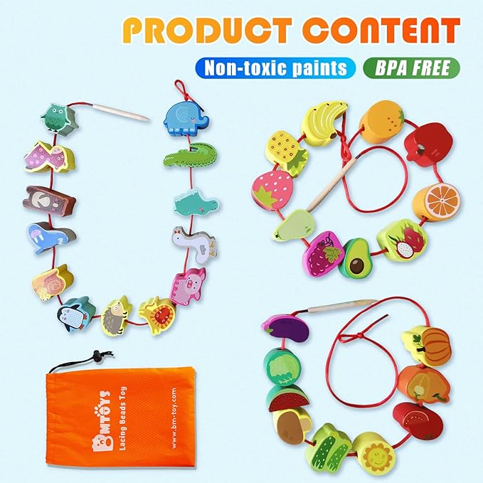 BMTOYS Montessori Educational Threading Toys Wooden Stringing Farm Animals Fruits Lacing Beads Preschool Toy for Toddler 3 4 5 Year Old Boys Girls