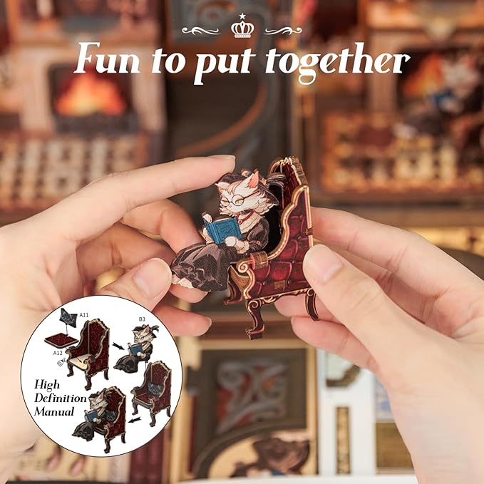 Cutefun Book Nook Kit - DIY Miniature House Kit for Bookshelf Decor, Book Nook Kits for Adults & Beginners, 3D Wooden Puzzle Dollhouse, Ideal Gift for Family and Friends (Count Cat's Study)