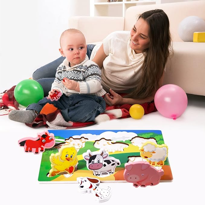 Wooden Peg Puzzle for Toddlers 1-3 Year Old,Funsland Puzzles Gifts Colorful Toys Cartoon Gifts,Farm Animals Puzzles