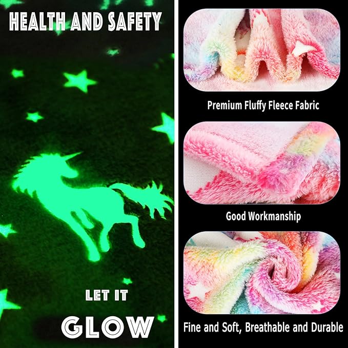 Glow in The Dark Blanket Unicorn Gifts for Kids Girls Teen Birthday Christmas Halloween Present Light Up Rainbow Unicorn Bedroom Bed Decor Fun Soft Fluffy Plush Glowing Throw Pink 50"x60"