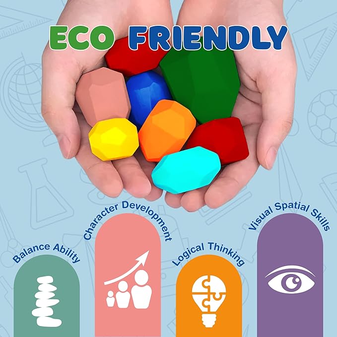 Giggle & Play - 40 Pcs Wooden Stacking Stones Set, Montessori Toys for 3+ Year Old, Stacking Blocks for Fine Motor Skills & Creativity, Multicolor Playset for Toddlers & Kids, Free Storage Bag