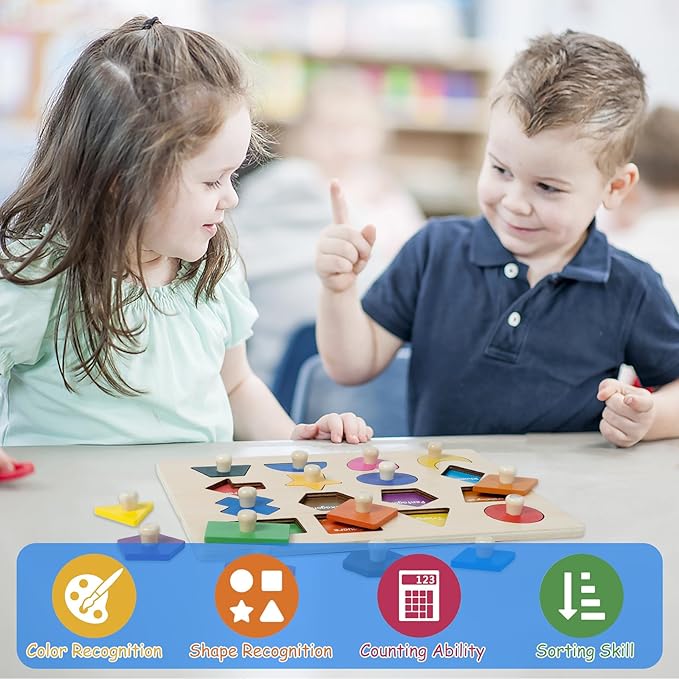 Wooden Shape Peg Puzzles for Toddlers 1 2 3 Year Old, Toddler Learning Toys Shape Sorter Color Match Montessori Toys Educational Puzzles for Toddlers 2-4 Easter Birthday for Girls