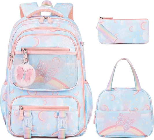Backpack for Girls, Rainbow Butterfly Girls Backpacks with Lunch Bag Pencil Case Set, Kids Backpack Kindergarten Elementary Middle School Book Bag for Teen Girl Children Students