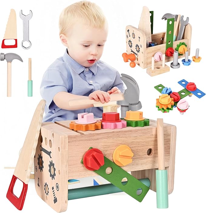 Wooden Tool Set for Kids, 38 PCS Pretend Play Construction Toys with Tool Box, Screws, Nuts, Montessori Learning Toy for Toddlers Ages 3 4 5 6 Years Old Boys Girls