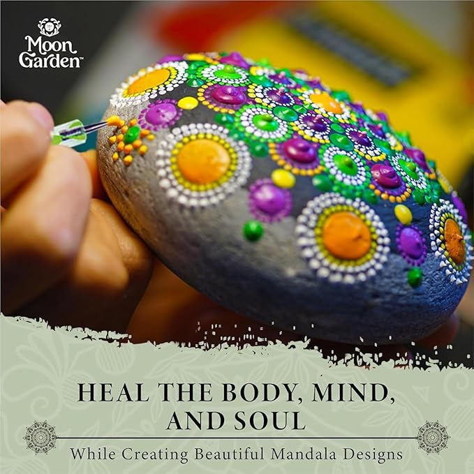 MoonGarden Mandala Rock Painting Kit - Mandala Dotting Tools Kit - Large Wooden Rocks for Painting, Stencils, Acrylic Paints, Dotting Tools for Rocks - Dot Art Kit for Adults & Kids