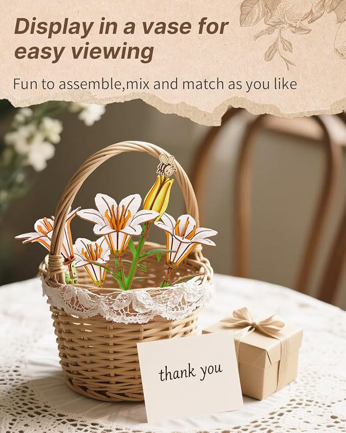 KAAYEE Wooden 3D Flower Puzzles for Adults-WhiteLily, Wooden Flowers Model Kit Set DIY Crafts to Build, Mother's Day/Botanical Collection/Ideal Creative Gift Ideas/Housewarming