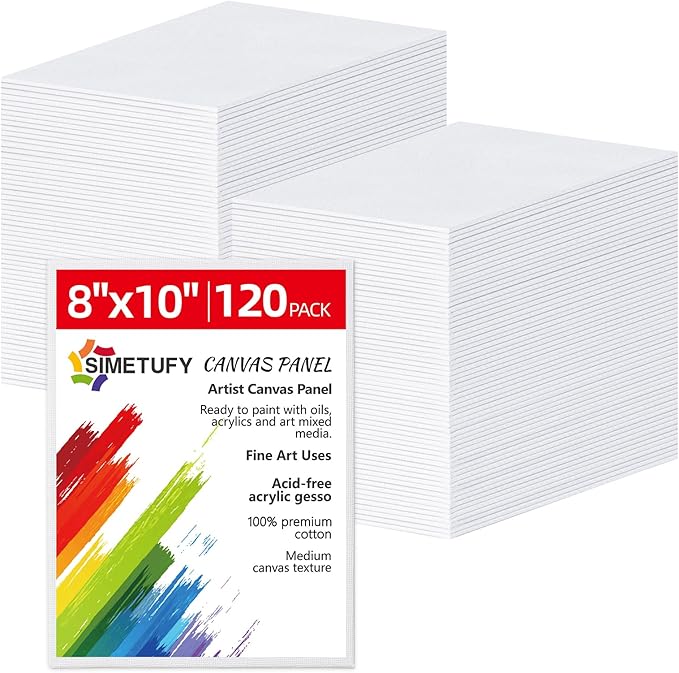 Simetufy Canvas Boards for Painting 8x10 120 Pack Primed Acid Free Small Blank Cotton Canvas Panels for Acrylic Watercolor Gouache Oil Paint