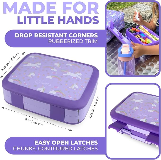 Bento Box with Stainless Steel Thermo, Insulated Lunch Bag, Ice Pack Set for Kids - 5 Compartments, Lunches or Snack Container for Girls, Toddlers Daycare Pre-School, Kindergarten Purple Unicorn